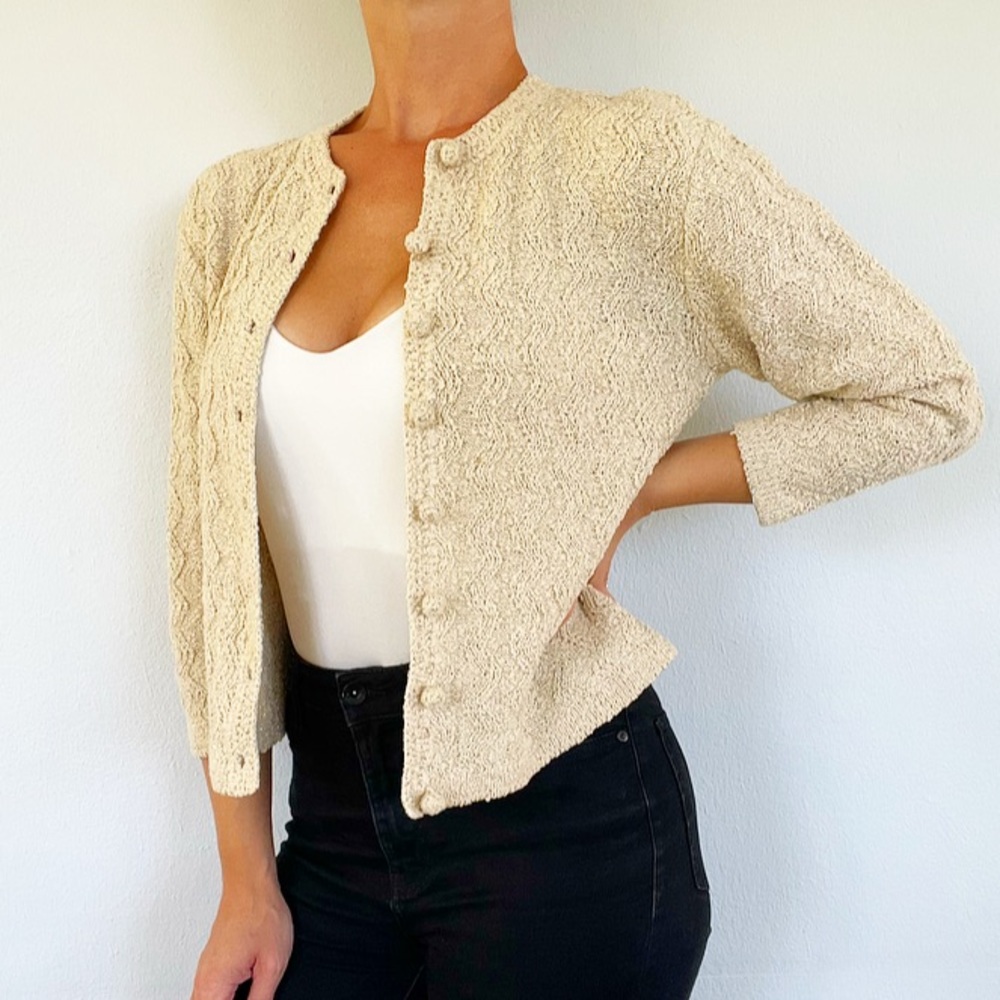 Vintage handmade cream sparkle pom pom cardigan size small